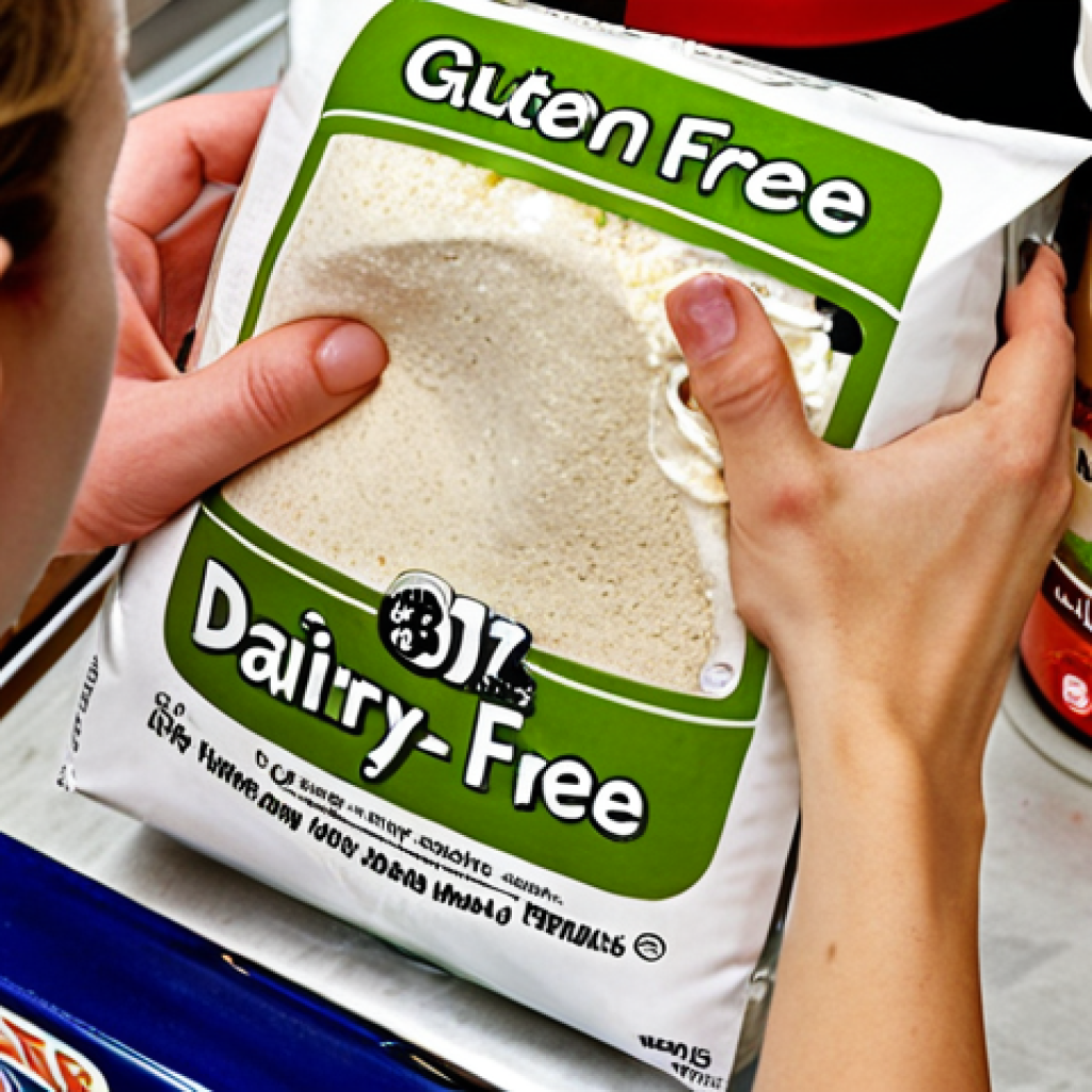 **

A close-up, slightly chaotic kitchen scene. Focus on various packages and containers labeled with "Gluten-Free," "Dairy-Free," and "Nut-Free" stickers. Some labels are peeling or slightly obscured. Include a hand reaching for a product, emphasizing the consumer's need to carefully examine labels. Subtle cross-contamination elements like flour dust or spilled milk alternatives can be present, but not overtly. The overall feel is one of cautious optimism.

**