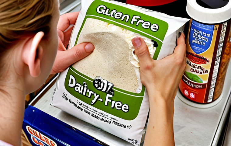 **

A close-up, slightly chaotic kitchen scene. Focus on various packages and containers labeled with "Gluten-Free," "Dairy-Free," and "Nut-Free" stickers. Some labels are peeling or slightly obscured. Include a hand reaching for a product, emphasizing the consumer's need to carefully examine labels. Subtle cross-contamination elements like flour dust or spilled milk alternatives can be present, but not overtly. The overall feel is one of cautious optimism.

**
